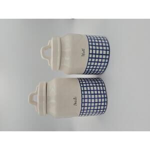 Set of 2 Blue Plaid Rae Dunn Ceramic Kitchen Canisters - 'Sweets' and 'Treats'